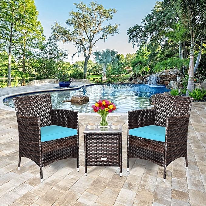HAPPYGRILL 3-Pieces Patio Furniture Set Outdoor Rattan Wicker Conversation Set with Coffee Table Chairs & Cushions for Patio Garden Lawn Backyard Poolside