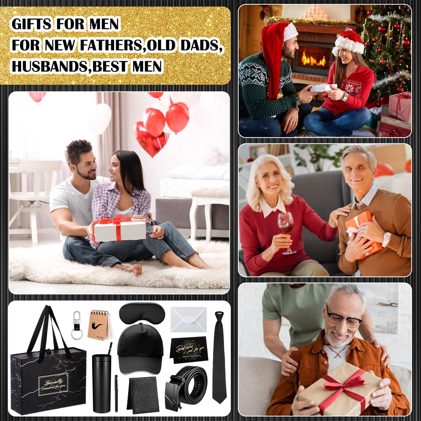 AmazingSpark 2 Pcs Birthdays Gift Baskets for Men Box 16 oz Tumbler Wallet Eye Mask PU Leather Belt Tie Keychain Pen Journal Hat Card Set for Dad Husband Brother(Business Gift Box)