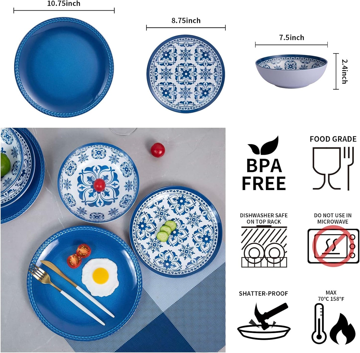Melamine Dinnerware Set -12pcs Outdoor and Indoor Plates and Bowls Set ,Service for 4, Dishwasher Safe, Blue Flower