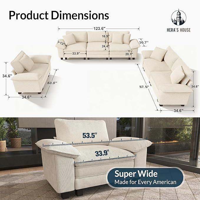 HERA'S HOUSE 3 Pieces Modular Sectional Sofa Sets, Oversized Couch Set with Loveseats and Armchair, Comfy Cloud Couches with Throw Pillows, 6-Seater Deep Seat Sofa for Living Room, Corduroy Beige