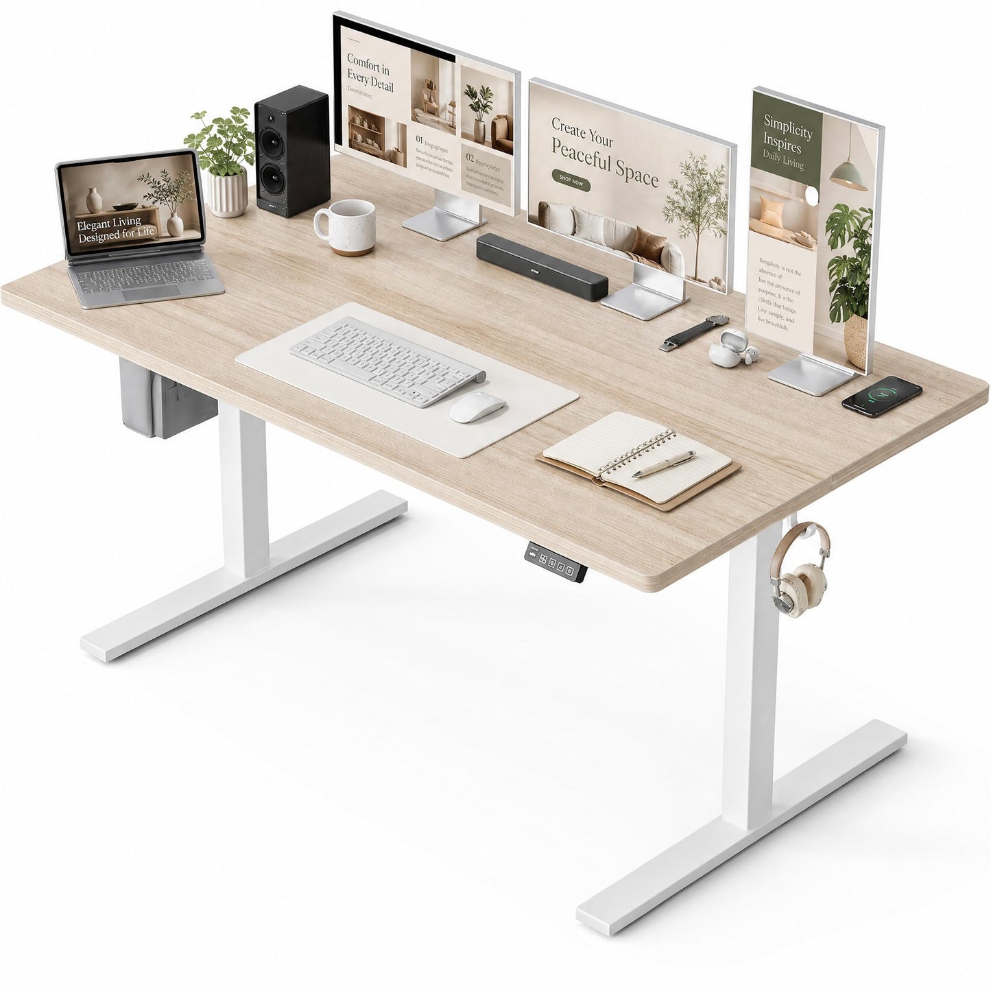 Grandder 47x32 Large Electric Standing Desk, Height Adjustable Computer Desk with 2 Memory Presets, 31.5" Deep Desktop Sit Stand Desk Home Office Desk Workstation Table with Hooks, Light Walnut