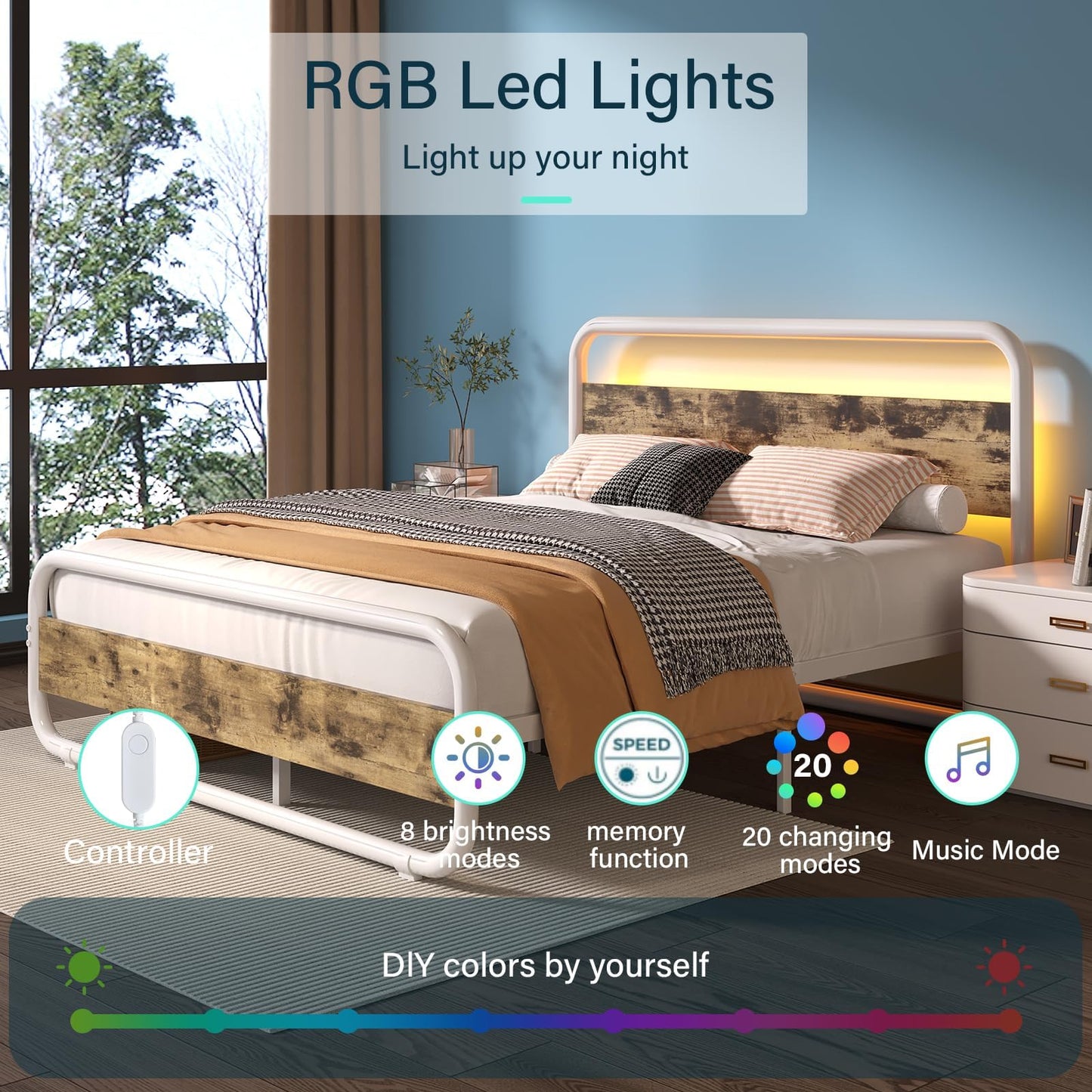 Catrimown Queen Size Bed Frame, Queen Bed Frame with Led Headboard, Metal Platform Bed Frame with 12" Under Bed Storage, Noise Free, No Box Spring Needed, White