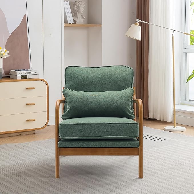 SEYNAR Mid-Century Accent Chair Set of 2, Linen Fabric Lounge Chair with Wide Armrest,13-16.5" Low Seat Height Armchair with Lumbar Pillow & Solid Wood Frame for Living Room, Bedroom, Balcony(Green)