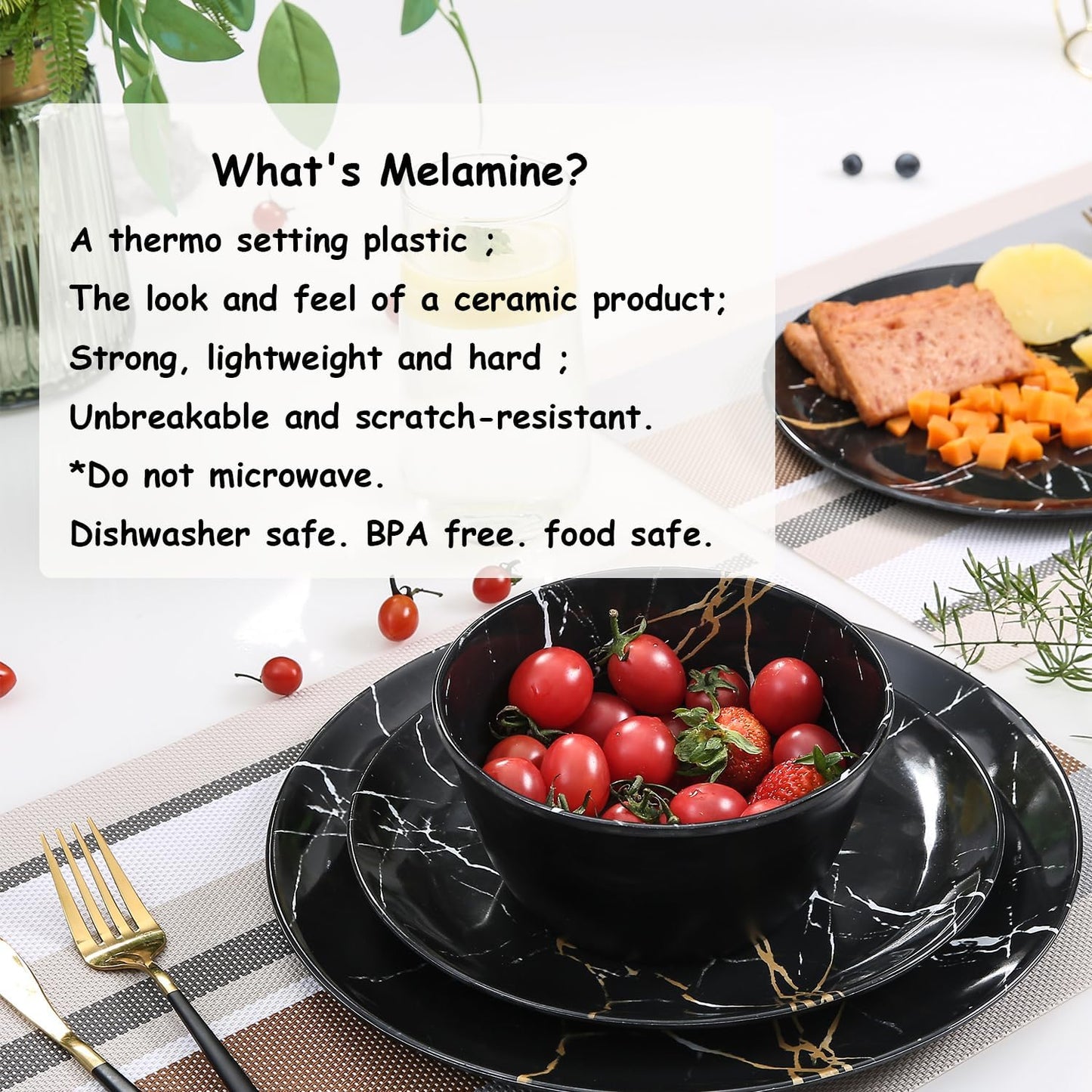 Melamine Dinnerware Set - 12pcs Plates and Bowls Sets Best for Indoor and Outdoor Party, BPA-Free Dishwasher Safe Kitchen Dinner Set with Black Marble Pattern