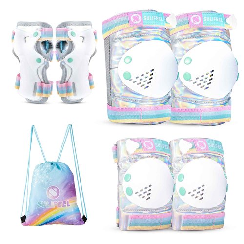 SULIFEEL Rainbow Unicorn Roller Skates for Youth Size Large and Adjustable Protective Gear Set Shiny Medium