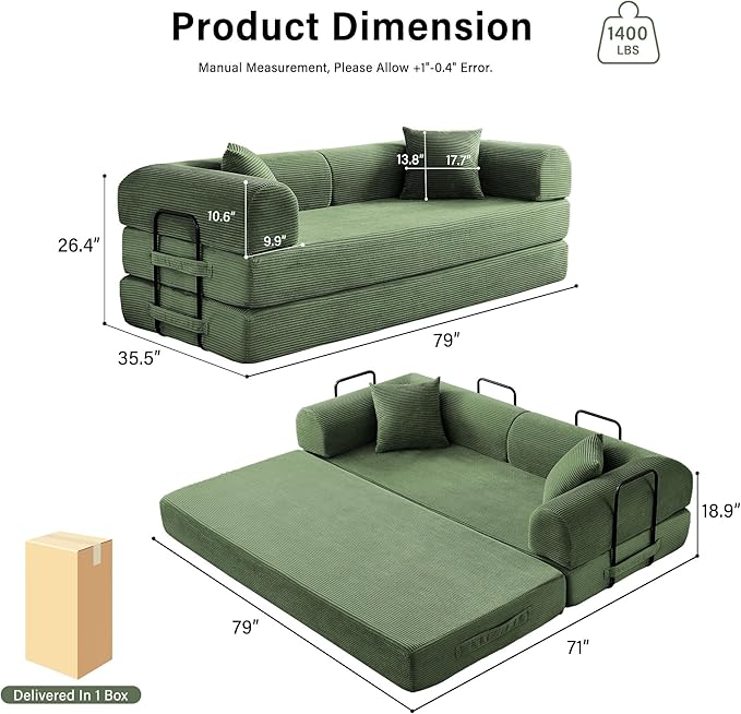 79" 5-in-1 Folding Convertible Sofa Bed, Oversized Corduroy Futon Floor Couch with Pull-Out Sleeper, Modular Boneless Loveseat for Small Spaces, Living Room, Bedroom(Dark Green)