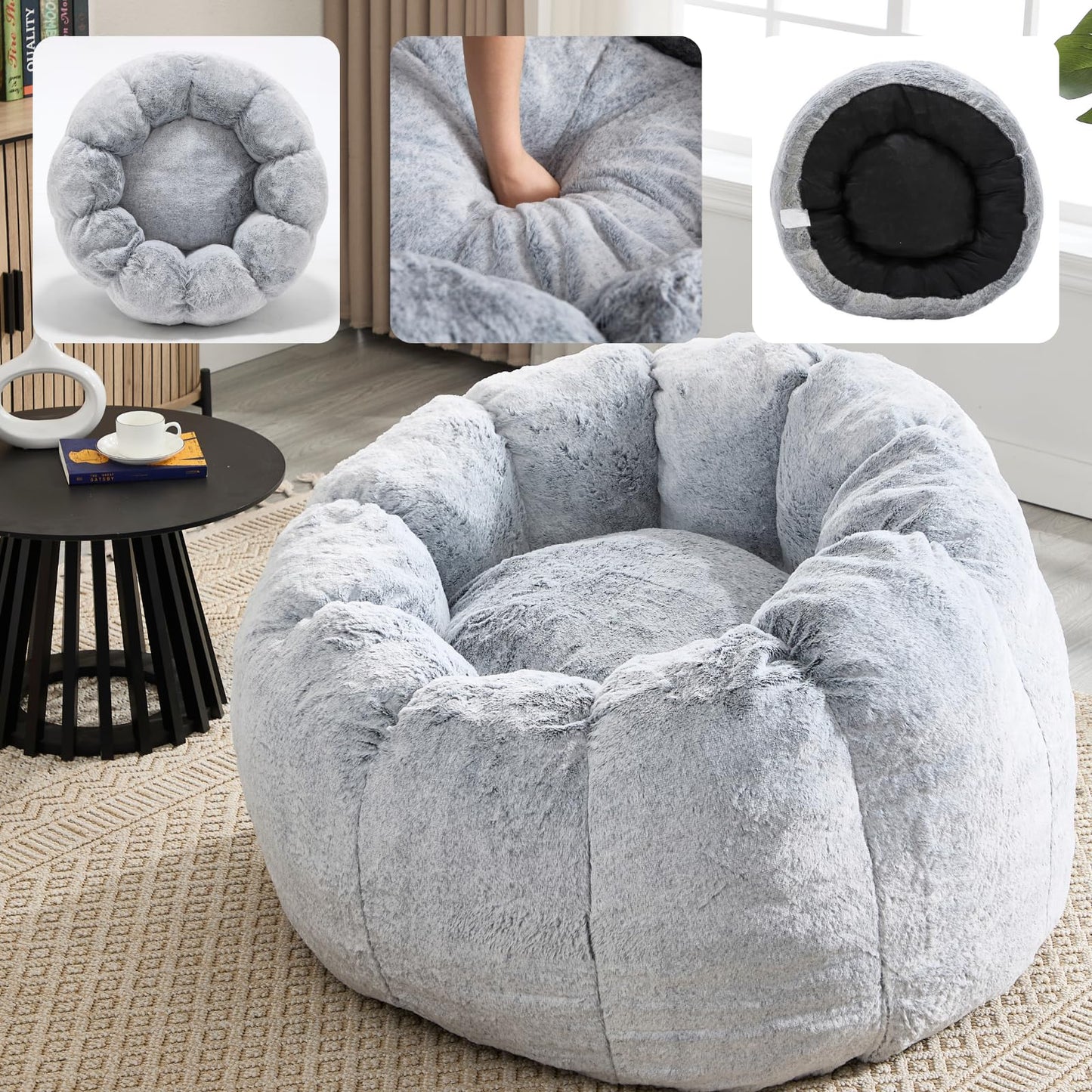 DUOMAY Giant Bean Bag Chair, Faux Fur Cozy Beanbag Chair for Adults, Kids, Round-Shaped Large Bean Bag Couch with Memory Foam for Living Room, Bedroom, Dorm, Grey