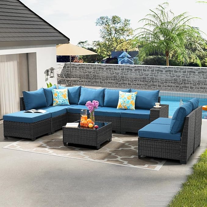 SunloungeCo 9 Pieces Outdoor Patio Furniture Set, Wicker Conversation Sets with Tea Table, Rattan Patio Sofa with Thick Cushions for Garden, Backyard Porch, Poolside,Peacock