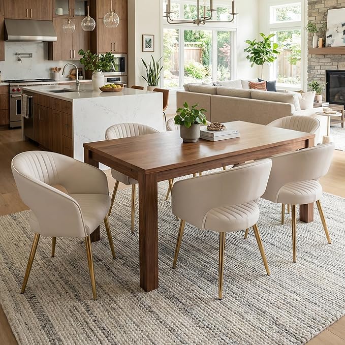 COMULER Faux Leather Dining Chairs Gold Legs, Modern Cream PU Leather Dining Room Chairs with Arms Set of 4 Upholstered Accent Chair Armchair with Barrel Back for Kitchen Living Room