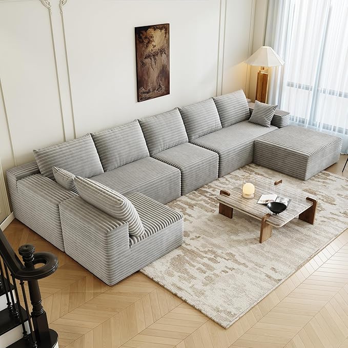 139.4" Modular Sectional Sofa, Oversized U-Shaped Minimalist Couches with 2 Middle Seats and 1 Ottoman Chaise, Modern Deep Seat Convertible Sleeper Sofa, Cloud Plush Corduroy Fabric,7 Seater, Grey