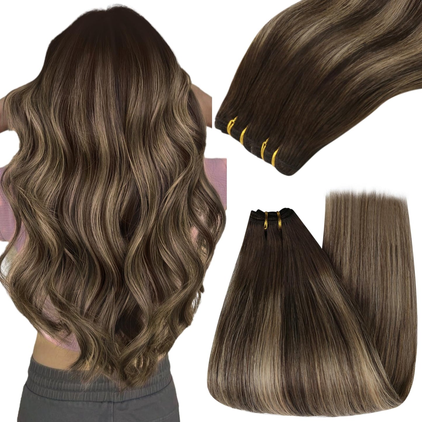 YoungSee 100G Weft Hair Extensions Human Hair Brown Balayage Sew in Hair Extensions Real Human Hair Dark Brown Fading to Caramel