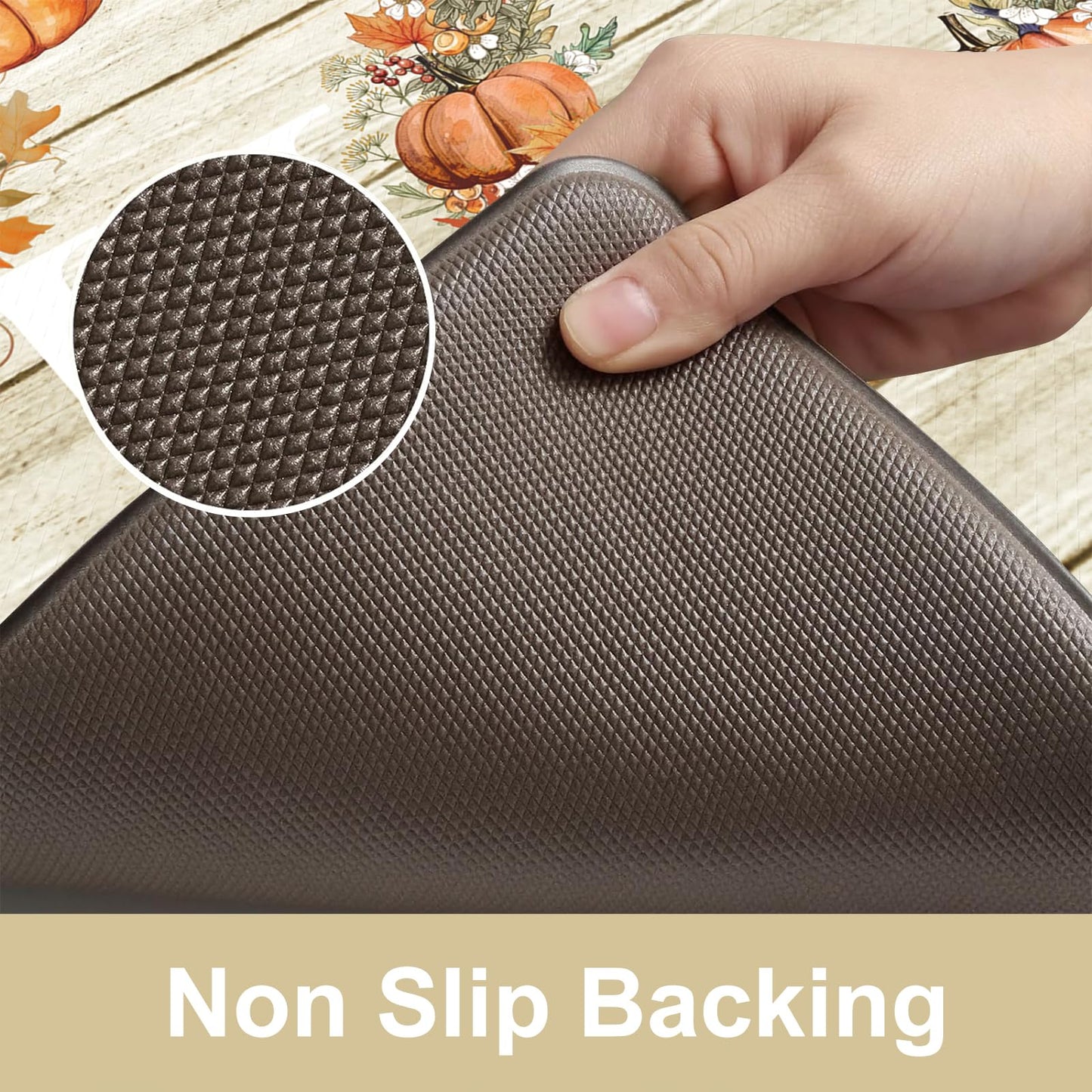 KIMODE Fall Kitchen Mat for Floor Anti Fatigue, Pumpkin Orange Kitchen Mats 2 PCS, Autumn Farmhouse Kitchen Rugs Non Slip, Cushioned Kitchen Floor Mats for Sink, Laundry, Desk 17"x47"+17"x29"