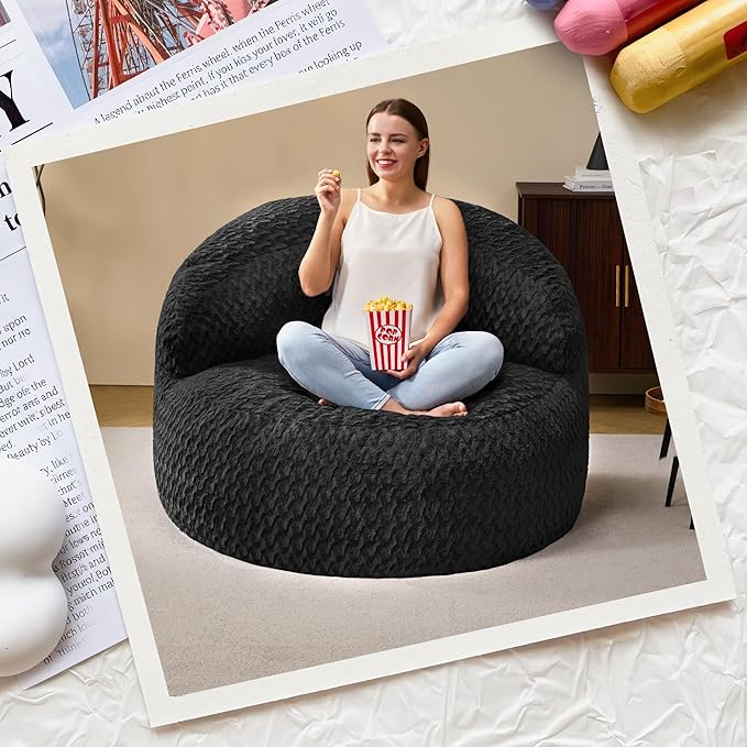 Hobestluk Bean Bag Chair Giant Bean Bag Chairs for Adults Big Bean Bag Chair with Memory Foam Filler Adults Large Beanbag with Faux Fur Cover for Bedroom (Chevron Black,Large)