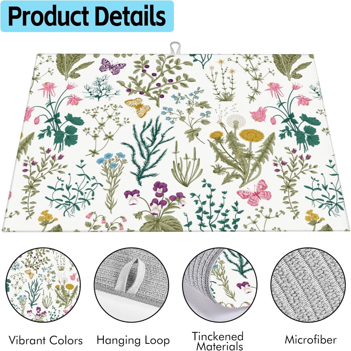 Large Dish Drying Mat for Kitchen Counter,18"X24" Herbs and Wild flowers with Butterfly Absorbent Reversible Microfiber Dish Drying Mat Dish Drainer Mat Drying Pad for Kitchen Countertop Coffee Bar