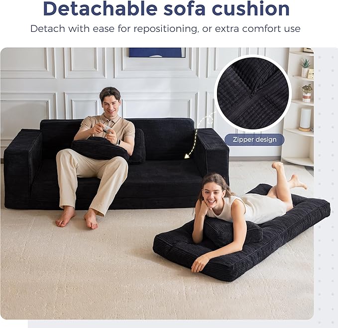 MAXYOYO Convertible Sofa Bed, Pull Out 3 Seater Sleeper Sofa, 2 in 1 Folding Couch Bed, Fold Out Floor Couch with Pillows for Living Room Bedroom Lounge, Black