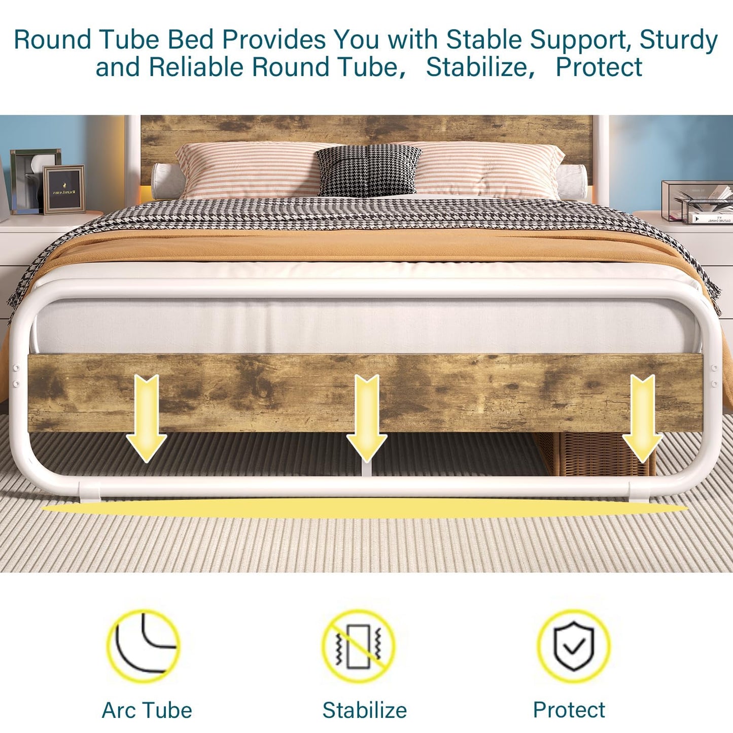 Catrimown Queen Size Bed Frame, Queen Bed Frame with Led Headboard, Metal Platform Bed Frame with 12" Under Bed Storage, Noise Free, No Box Spring Needed, White