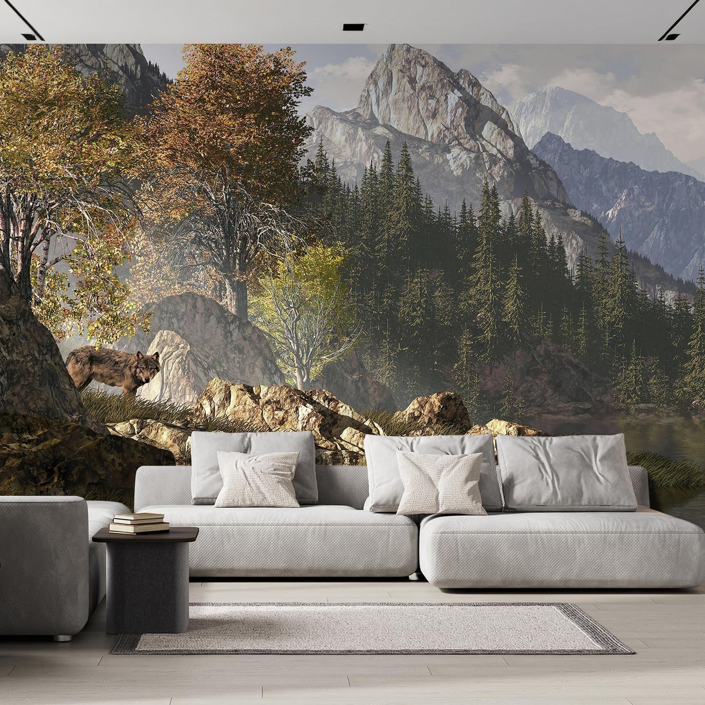 wall26 Wolf Near a Lake in a Rocky Mountain Landscape. Removable Wall Mural | Self-Adhesive Large Wallpaper - 120x120 inches