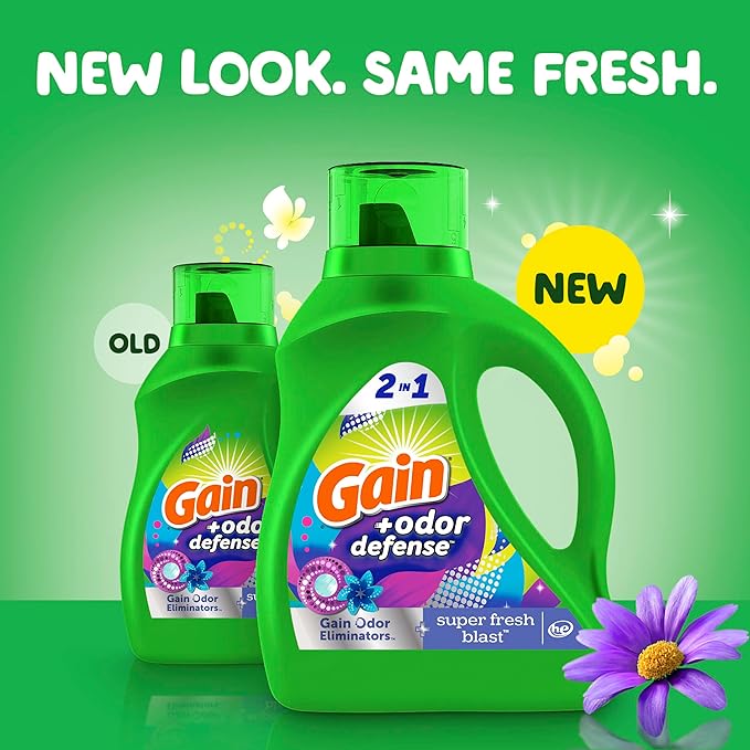 Gain + Odor Defense Liquid Laundry Detergent, Super Fresh Blast Scent, 107 Loads, HE Compatible