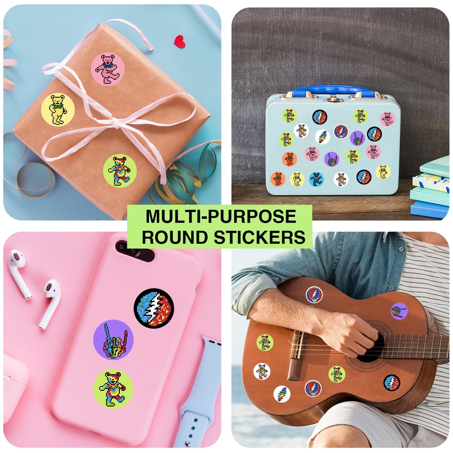 Babymiu Cute Pixel Dancing Bear Rock Dot Stickers Roll(1000 pcs) Rock Band Cartoon Sticker Decoration Decal Gifts Merch Party Supplies in 2 Rolls with 10 Patterns for Laptop Window Luggage Skateboard