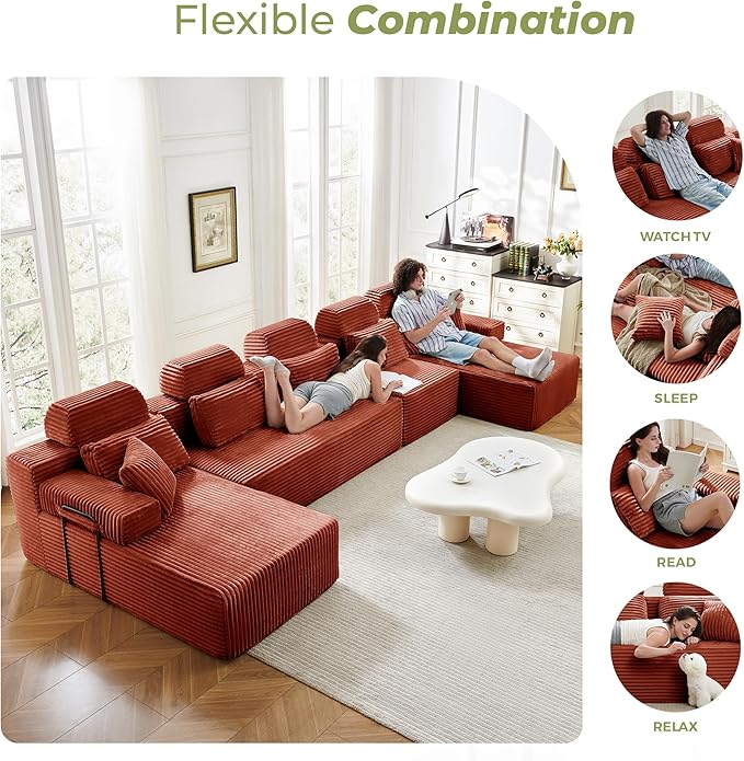 171" U-Shaped Cloud Modular Sectional Sofa with Chaise & Headrest, Boneless Deep Seat Plush Corduroy Couches for Large Living Room, No Assembly Required (Orange, 171" U-shapred Chaise)