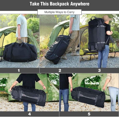 REDCAMP 120L Foldable Duffle Bag with Wheels and Shoe Compartment, 1680D Oxford Large Duffel Bag Backpack with Rollers for Travel, Camping, Hiking, Black