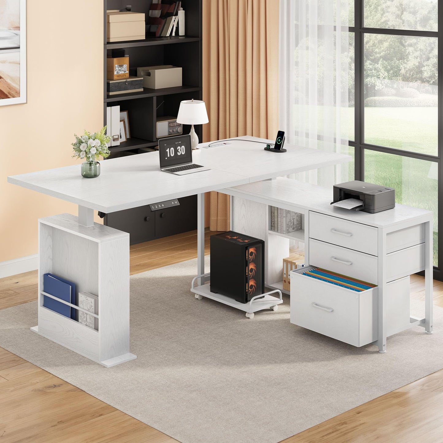 Homiflex 63 Inch L Shaped Desk with 3 Drawers Electric Standing Desks with Storage Computer Table Adjustable Height with Power Outlets 4 Memory Presets for Home Office, White