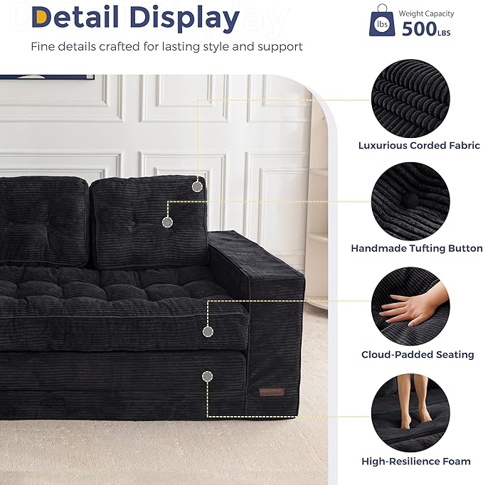 MAXYOYO Convertible Sofa Bed, Pull Out 3 Seater Sleeper Sofa, 2 in 1 Folding Couch Bed, Fold Out Floor Couch with Pillows for Living Room Bedroom Lounge, Black