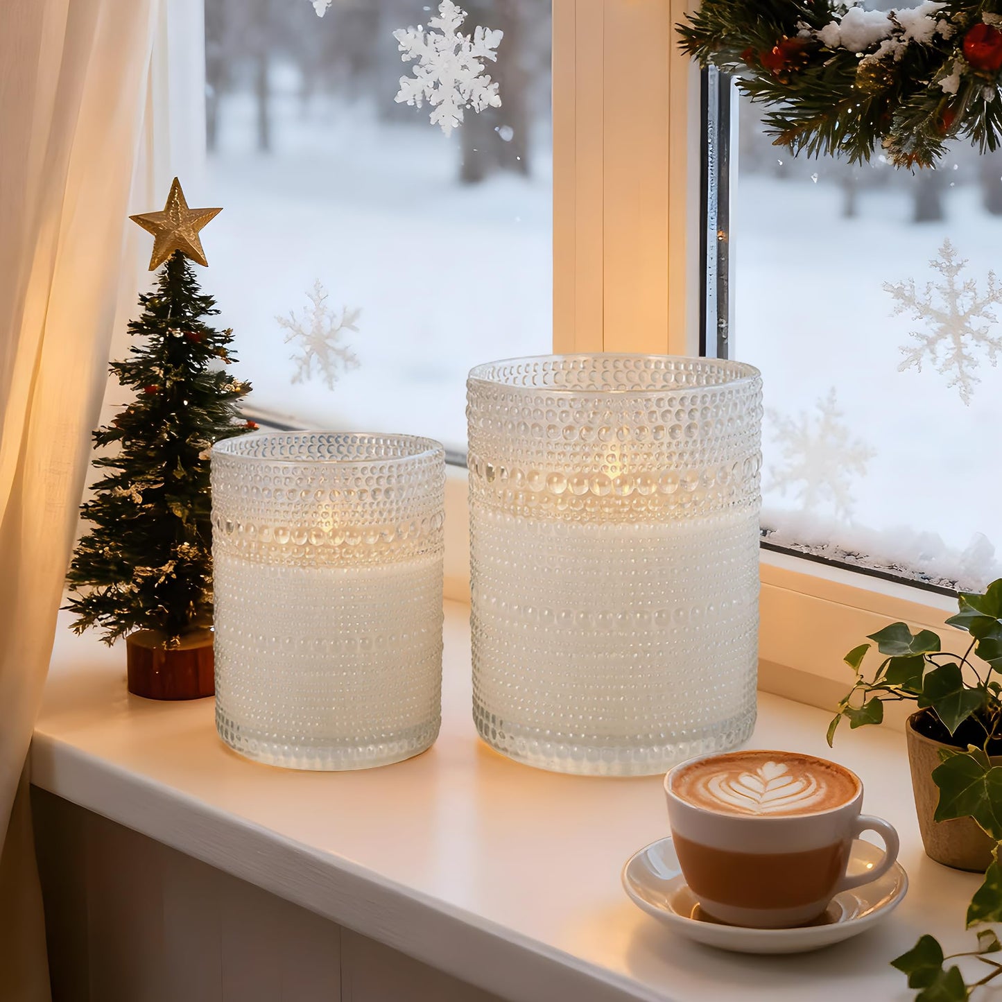 Velsyn Dotted Glass Flameless Candles with Remote Timer, Real Wax Battery Operated LED Pillar Candles with 3D Flickering Flame for Festival Wedding Home Party Decor, 3" x 4", 4" x 5", Set of 2 (White)