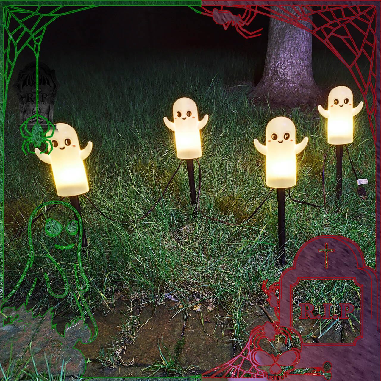 CHYParty Halloween Ghost Pathway Lights Outdoor, C7 Pathway Lights, 7 FT White Ghost Lights Connectable Pathway Lights for Walkway Driveway Yard Garden Lawn Sidewalk Party Decorations
