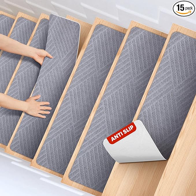 MBIGM 8 X 30inches, 15 in Pack, Non-Slip Carpet Stair Treads Non-Skid Safety Rug Slip Resistant Indoor Runner for Kids Elders and Pets with Reusable Adhesive, Light Gray Weave