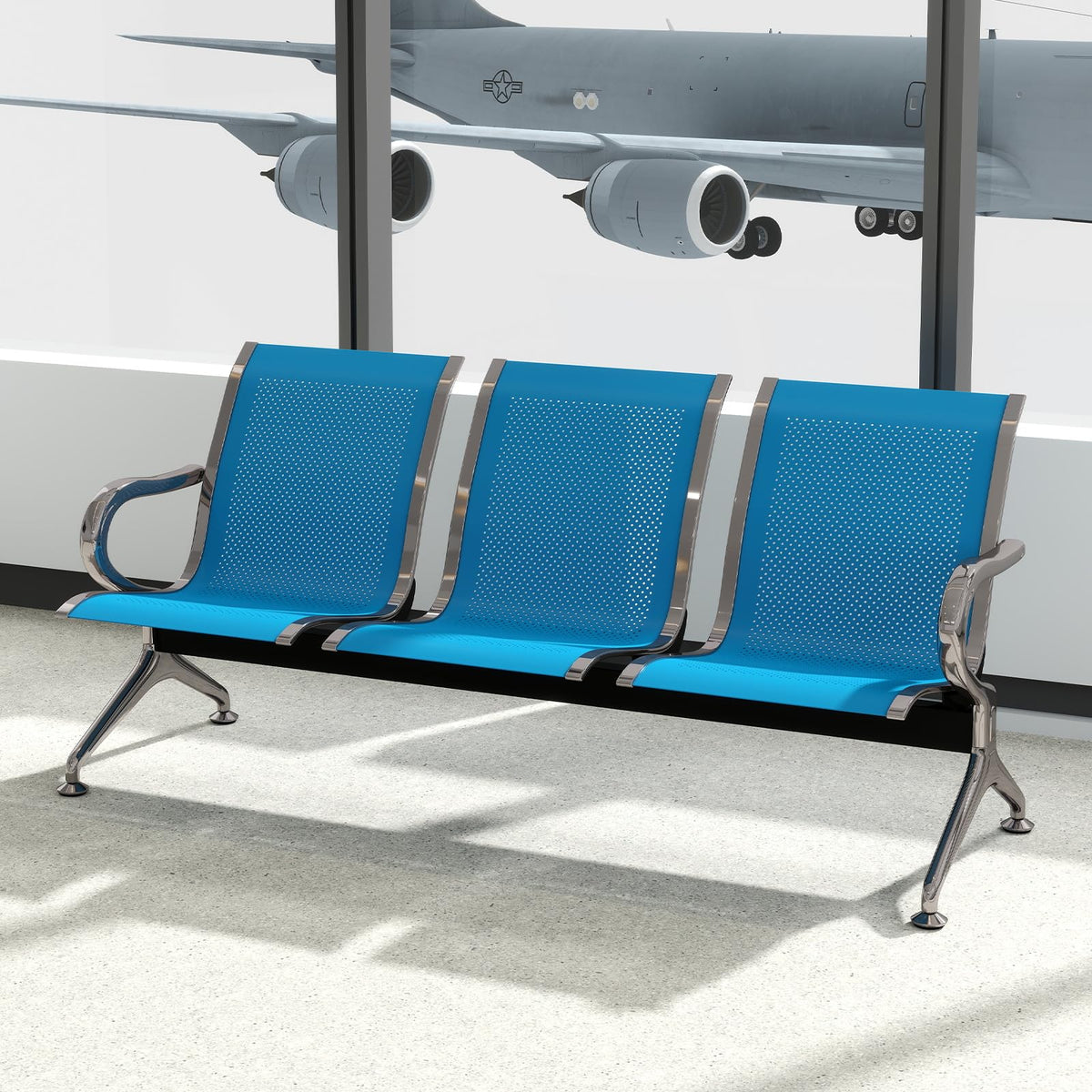kinbor Waiting Room Chairs - Durable Reception Bench with Armrests, 3-Seat Office Reception Guest Chairs for Office, Hospital, Airport, Bank & Lobby, Blue