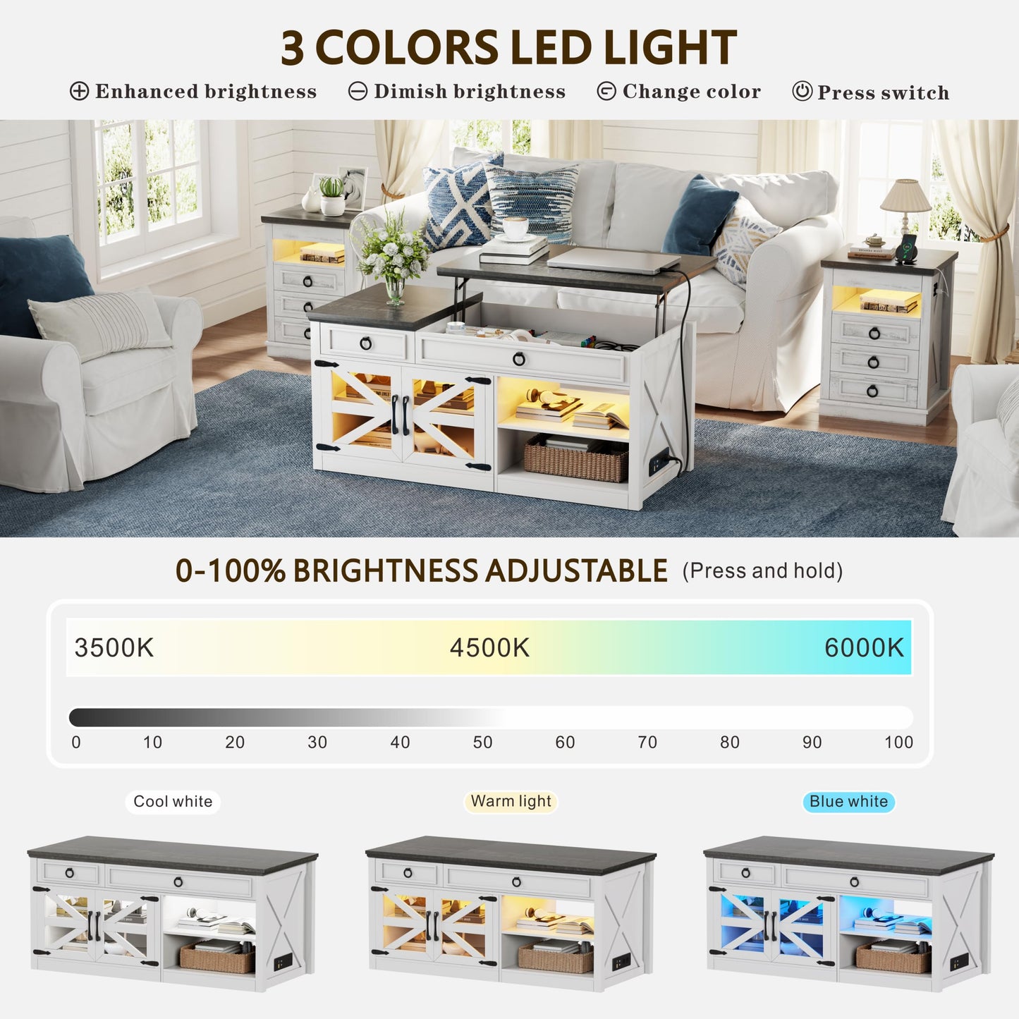 Lvifur 48" Farmhouse Lift Top Coffee Table with LED Lights & Charging Station, Living Room Center Table with 2 Hidden Storage Compartments, Lifting Tabletop and Adjustable Shelf (White)