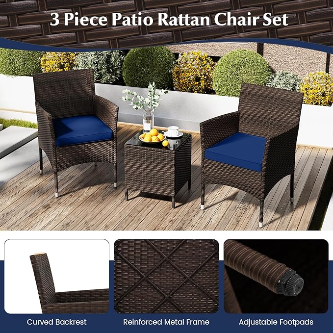 KOTEK 3 Piece Patio Furniture Set, Outdoor Wicker Patio Chairs with Soft Cushions & Tempered Glass Top Table, PE Rattan Bistro Set for Porch, Garden, Balcony (Navy)