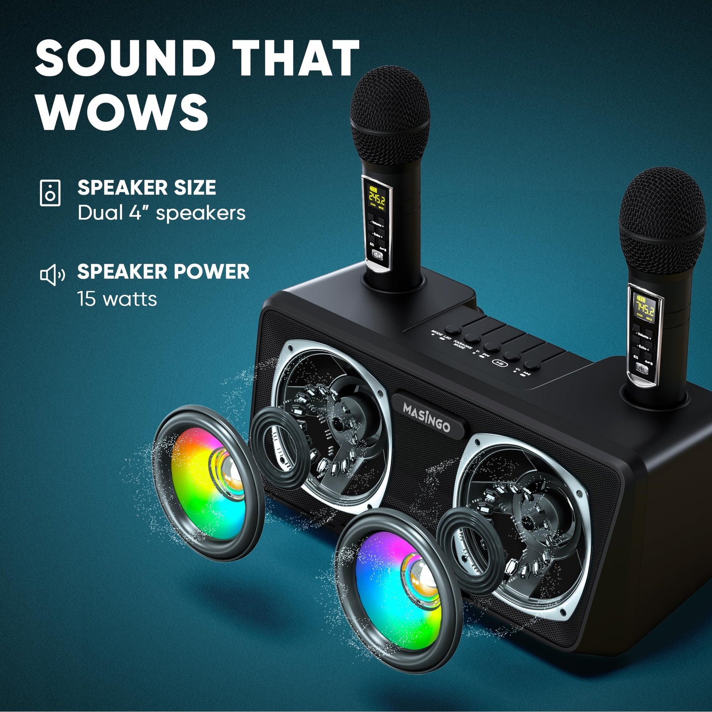 Masingo Karaoke Machine For Adults And Kids With 2 Wireless Microphones, Portable Bluetooth Singing Speaker, Colorful Led Lights