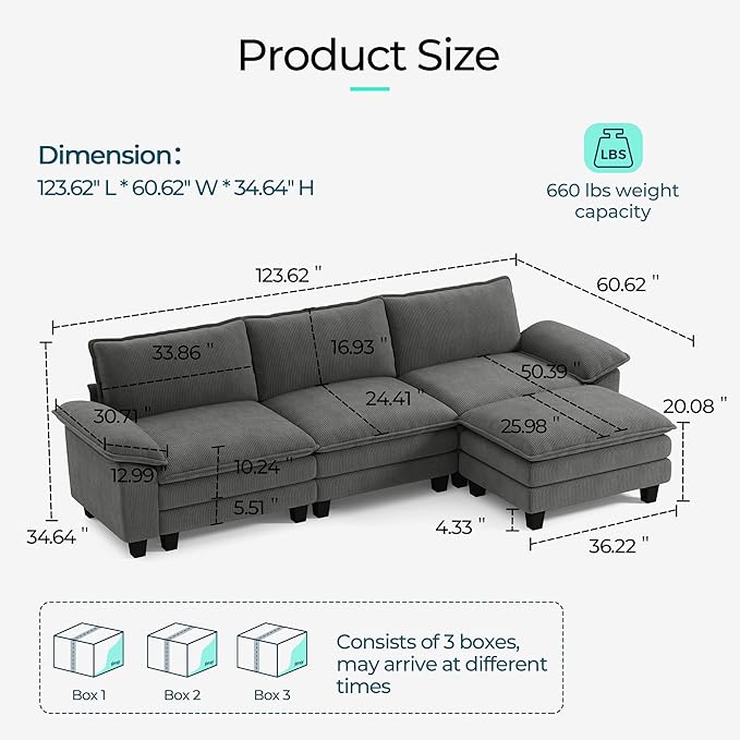 LINSY HOME 123'' Modular Sectional Sofa Grey Couch Corduroy Cloud Couches for Living Room, L Shaped Couch with Movable Ottoman, Modern Cloud Sectional Sofas for Bedroom and Apartment, Grey