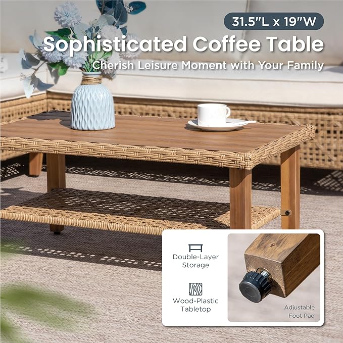 PHI VILLA Sectional Outdoor Couch, Small Patio Furniture Set with Cushions and Acacia Wood Coffee Table, U-Shaped Wicker Outdoor Sofa for Deck or Porch, 6 Seats, Beige