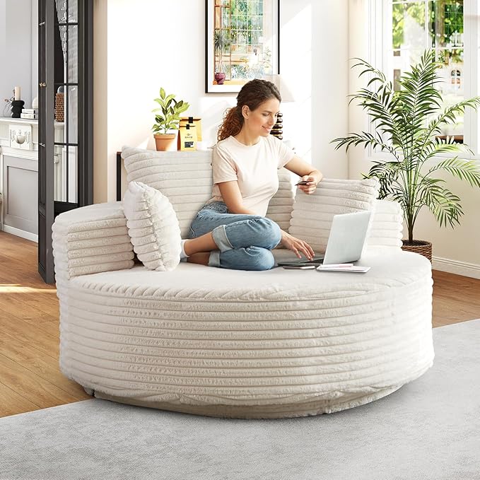 360-Degree Oversized Swivel Chair, Modern Round Circle Corduroy Comfy Deep Seat Swivel Accent Chaise Lounge Sofa Chair with Back Cushion & 2 Throw Pillows for Living Room Bedroom Office, Beige