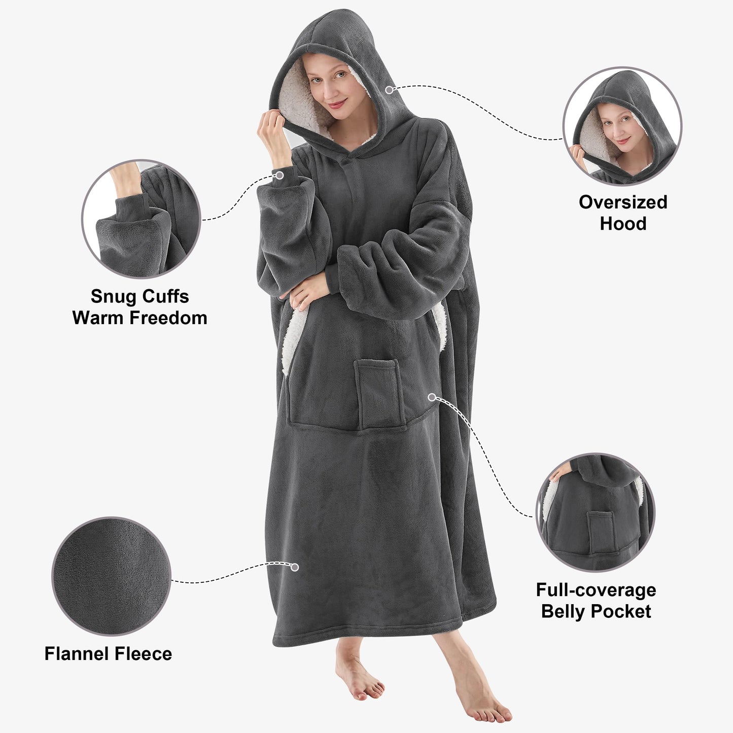 NORD ECO Wearable Blanket Hoodie-Birthday Christmas Gifts for Women Mom Girlfriend - Oversized, Hooded Sweatshirt Blanket with Pockets & Sleeves, Extra-Long Outdoors Use(Dark Grey)