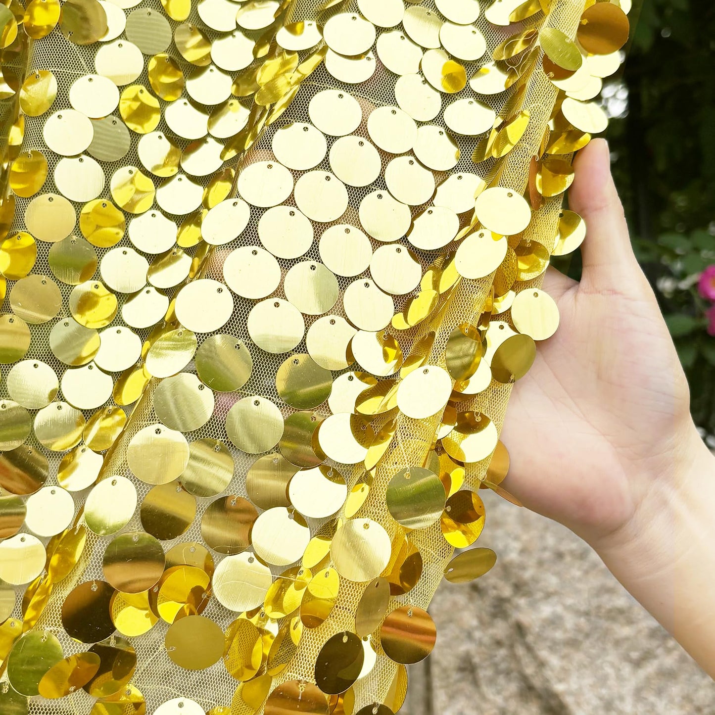 HMQIANG Gold Payette Sequin Backdrop, 4x10 Feet, 2 Panel Shimmer Large Sequin Backdrop Curtain for Decor, Parties, Home