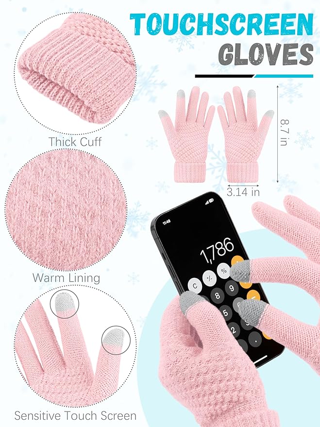 Winter Hat Scarf Gloves and Ear Warmer, Warm Knit Beanie Hat Touch Screen Gloves Set Winter Gifts Neck Scarves for Women