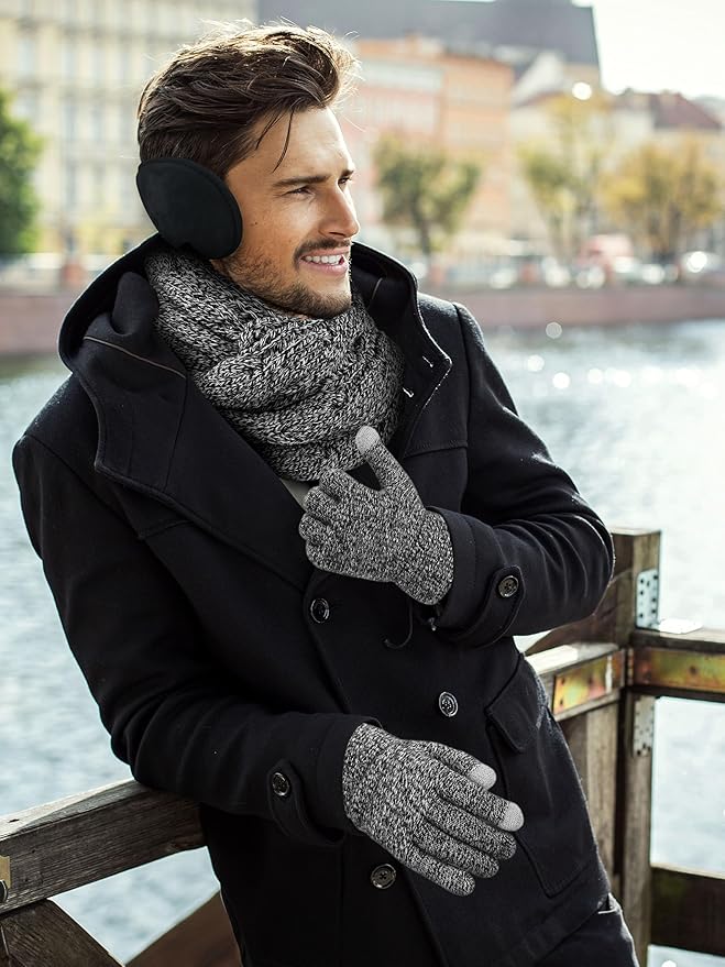 URATOT 4-In-1 Winter Warm Sets Knitted Scarf Touch Screen Gloves Beanie Pompom Hat and Winter Ear Warmer for Men or Women