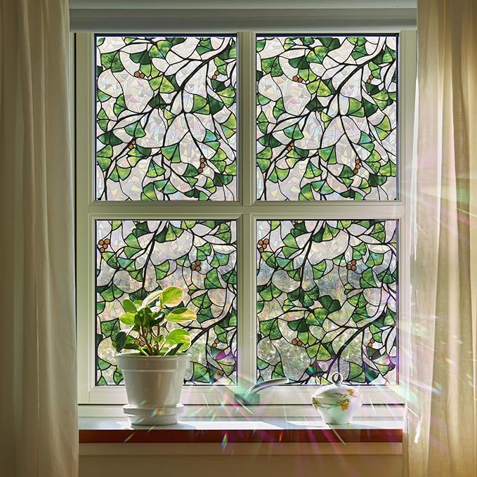 Rainbow Window Privacy Film Stained Glass Handmade Design for Bathroom, Ginkgo Leaves, 118.11'' x 20.87''