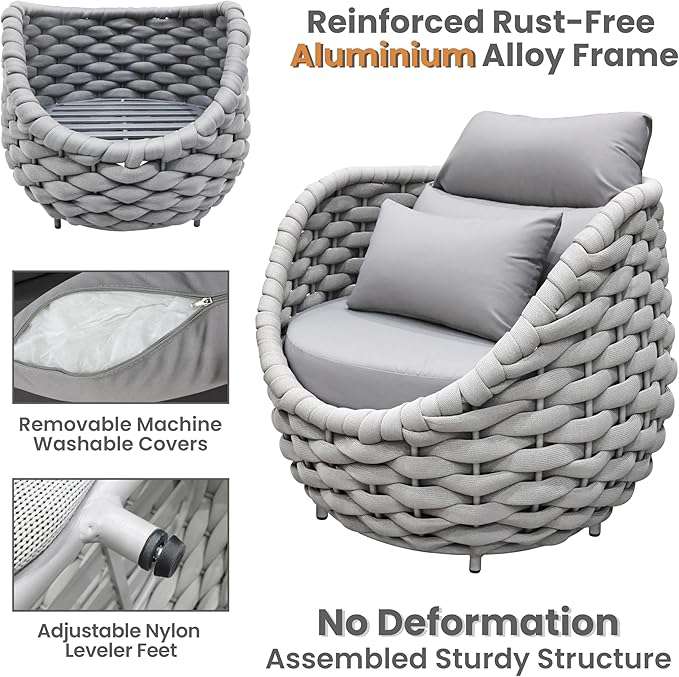 Erotr Front Porch Furniture Set: 3 Pieces Aluminum Patio Conversation Sofa Set for 2 - All Weather Woven Rope Outdoor Armchair Set w/Cushions No Assembly for Bistro Pool Yard Balcony Deck Hotel, Gray