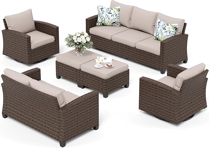 SUNSHINE VALLEY Swivel Glider Patio Furniture Set Outdoor Furniture Brown Wicker Rattan Patio Conversation Sets with Cushion Outside Sofa Set,6 Pieces 9 Seats,Beige