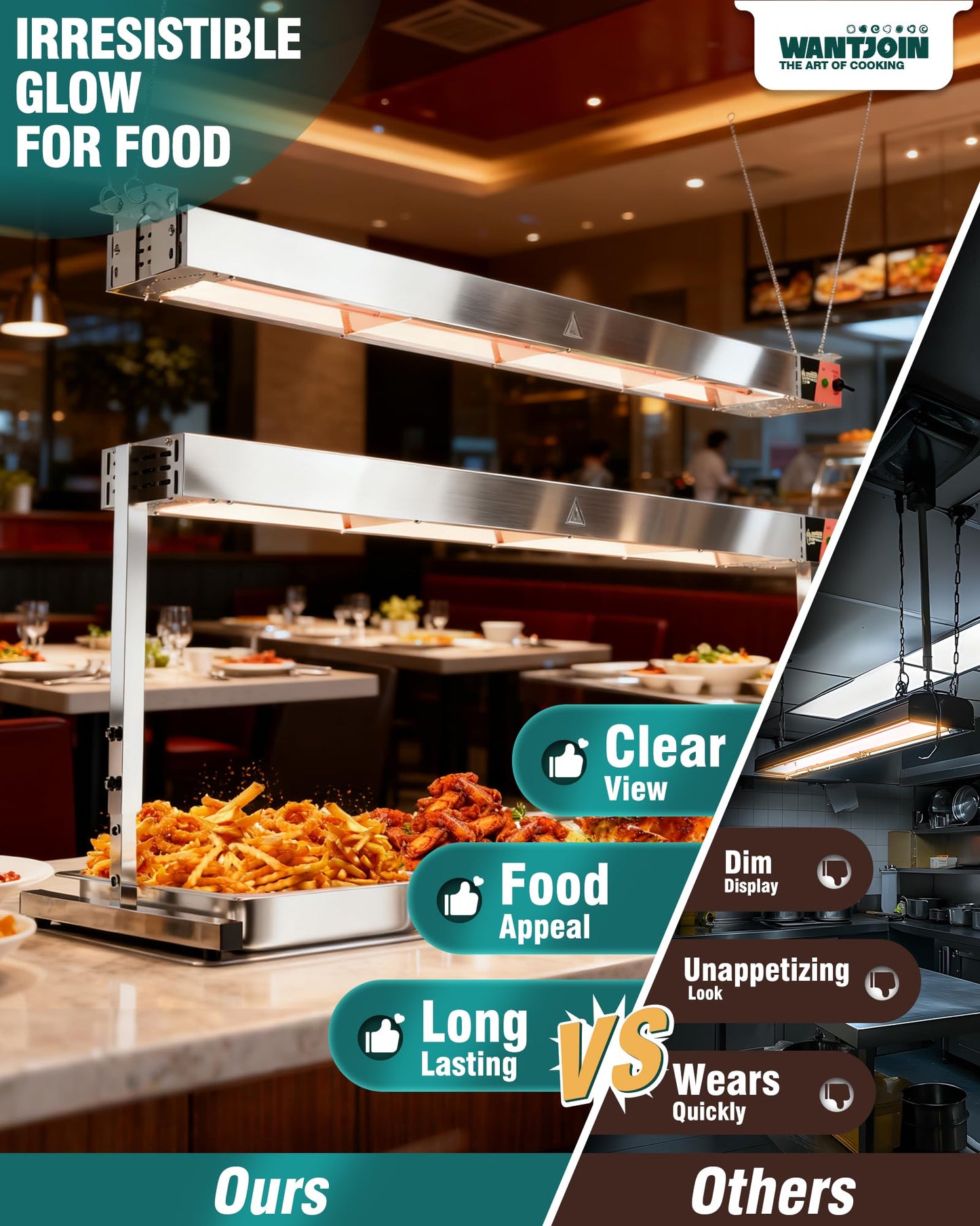 WantJoin Food Heat Lamp 48'' - 1450W Commercial Food Warmer Lamp Overhead Hanging & Standing Electric Strip Heating Lamps for Buffet Catering Restaurant Parties, Silver