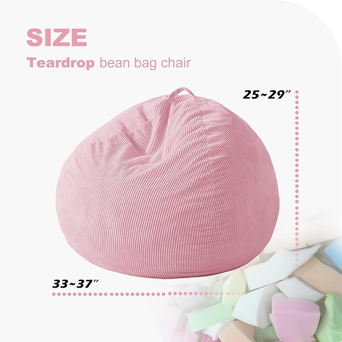 Homguava 3.5FT Bean Bag Chair: Teardrop Bean Bags with Memory Foam Filled, Compact Beanbag Chairs Soft Sofa with Corduroy Cover (Light Pink)