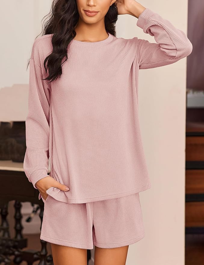 Ekouaer 2 Pieces Lounge Set for Women Long Sleeve Pajamas Top and Shorts Matching Sets Outfits with Pockets