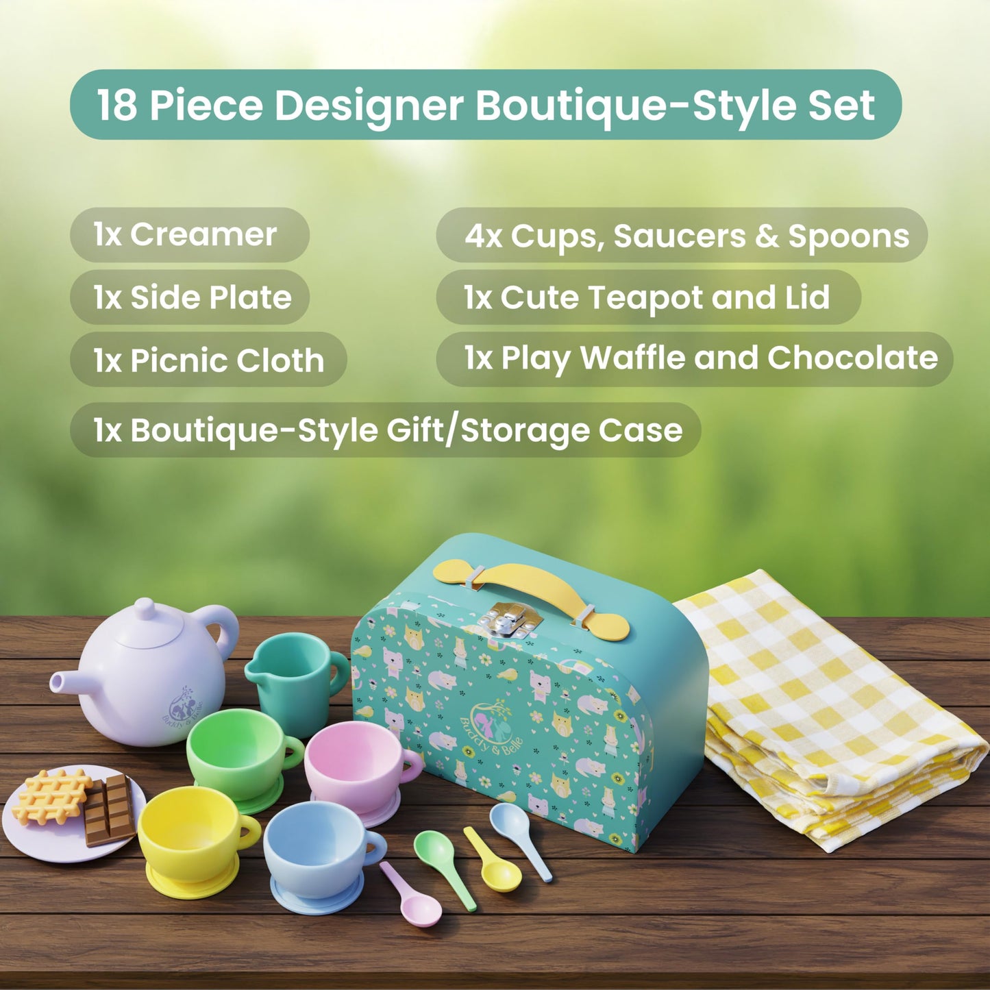 Silicone Tea Set for Kids - 18 Pcs Kids Tea Party Set - Gift Ready Storage Case and Picnic Cloth - Food Grade Silicone - Dishwasher Safe - BPA Free - Childs Tea Set - Development Play
