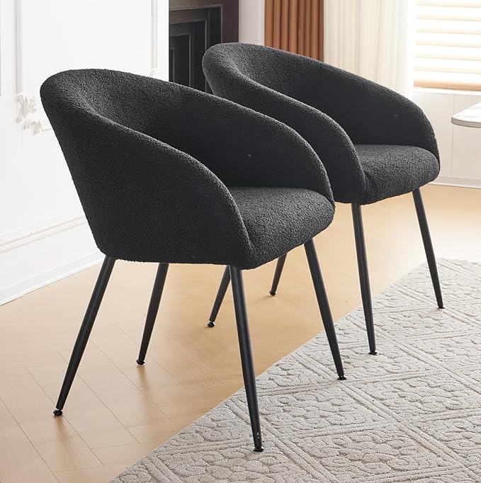 YDcosyfy Modern Small Accent Chair Set of 2, Comfy Sherpa Makeup Vanity Chair with Metal Legs, Decorative Chair no Wheels for Living Room, Dressing Room, Bedroom, Black