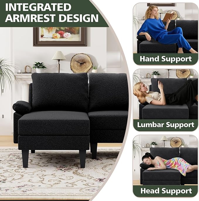 Topcomfy U-Shaped Sectional Couches for Living Room, Convertible 4 Seat Modular Sectional Sofa Set with Ottoman, Modern L Shaped Couch with Chaise for Bedroom Apartment and Office, Chenille Black Gray